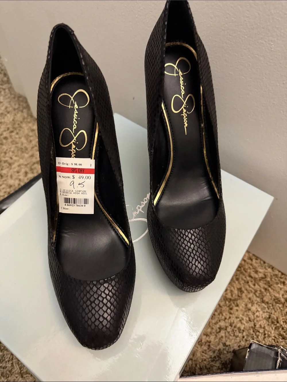 NIB Jessica Simpson Black Snake-Embossed Platform Stilettos